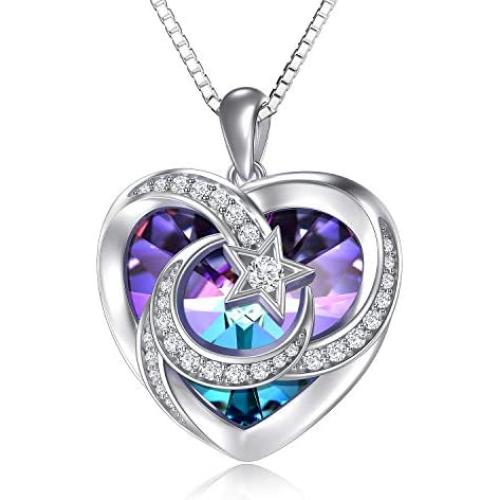 TOUPOP Mothers Day Gifts from Daughters Sterling Silver Moon and Star Pendant Necklace with Heart Crystal Jewelry Gifts for Women Mom Mother Friend Teen Girls Birthday