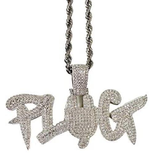 Shop-iGold Custom Plug Men Women 925 Italy White Gold Finish Iced Silver Charm Ice Out Pendant Stainless Steel Real 3 mm Rope Chain, Mans Jewelry, Iced Pendant, Rope Necklace 16''- 24''