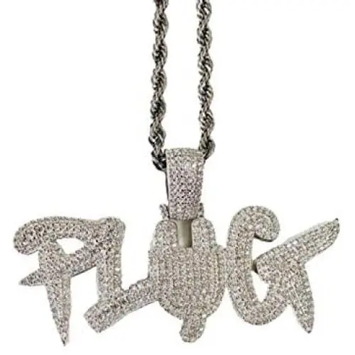 Shop-iGold Custom Plug Men Women 925 Italy White Gold Finish Iced Silver Charm Ice Out Pendant Stainless Steel Real 3 mm Rope Chain, Mans Jewelry, Iced Pendant, Rope Necklace 16''- 24''