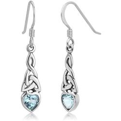 925 Sterling Silver Celtic Knot Gemstone Heart Drop Dangle Hook Earrings 1.29 inches