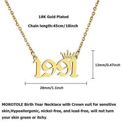 MOROTOLE Birth Year Necklace with Crown 18K Gold Plated Birth Year Number Necklace Stainless Steel Birthday Year Pendant Necklace for Women Girls,1990-2010