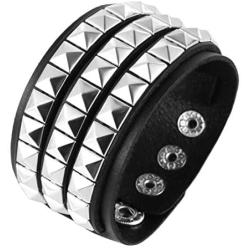 HZMAN Unisex Black Genuine Leather Silver Pyramid Studs Wristband 80s Gothic Punk Glam