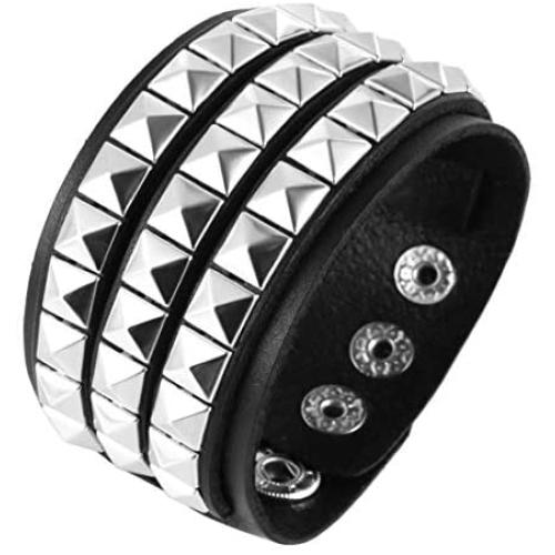 HZMAN Unisex Black Genuine Leather Silver Pyramid Studs Wristband 80s Gothic Punk Glam