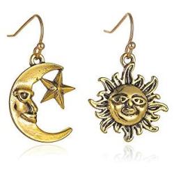 BELUCKIN Asymmetrical Vintage Sun and Moon Face Dangle Earrings with Star for Women Girls