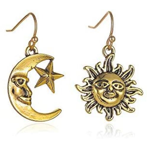 BELUCKIN Asymmetrical Vintage Sun and Moon Face Dangle Earrings with Star for Women Girls