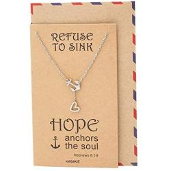 Quan Jewelry New Anchor Necklace, Sailor Pendant with Mini Heart Charm, Seaman Lariat Necklace, Sea Anchor Inspirational Quote on Greeting Card (Silver)