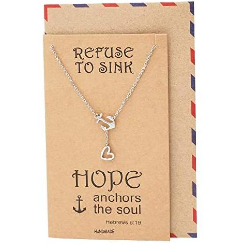 Quan Jewelry New Anchor Necklace, Sailor Pendant with Mini Heart Charm, Seaman Lariat Necklace, Sea Anchor Inspirational Quote on Greeting Card (Silver)
