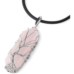 Healing Natural Hexagonal Crystal Quartz Stone Pendant Necklace Double Pointed Wire Wrapped Tree of Life PU Leather Rope Chain Necklace for Women Girl Men Boy Geometric Jewelry