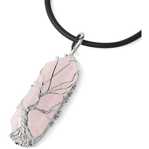 Healing Natural Hexagonal Crystal Quartz Stone Pendant Necklace Double Pointed Wire Wrapped Tree of Life PU Leather Rope Chain Necklace for Women Girl Men Boy Geometric Jewelry