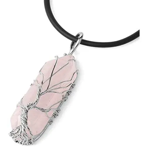 Healing Natural Hexagonal Crystal Quartz Stone Pendant Necklace Double Pointed Wire Wrapped Tree of Life PU Leather Rope Chain Necklace for Women Girl Men Boy Geometric Jewelry