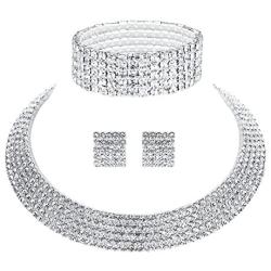 mecresh Wedding Bridal 1/2/3/4/5Row Rhinestone Crystal Jewelry Sets for Women(1 Earrings&Necklace&Bracelet)