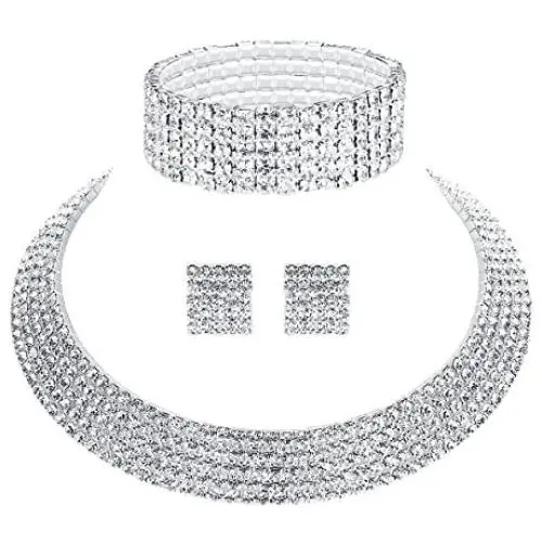 mecresh Wedding Bridal 1/2/3/4/5Row Rhinestone Crystal Jewelry Sets for Women(1 Earrings&Necklace&Bracelet) mecresh Wedding Bridal 1/2/3/4/5Row Rhinestone Crystal Jewelry Sets for Women(1 Earrings&Necklace&Bracelet)