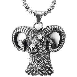 COOLSTEELANDBEYOND Mens Women Steel Vintage Goat Head Pendant Necklace, Biker Punk Rock, 30 Inches Wheat Chain, Unique