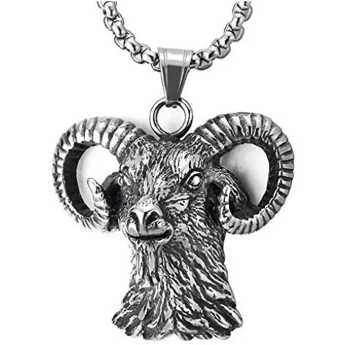 COOLSTEELANDBEYOND Mens Women Steel Vintage Goat Head Pendant Necklace, Biker Punk Rock, 30 Inches Wheat Chain, Unique COOLSTEELANDBEYOND Mens Women Steel Vintage Goat Head Pendant Necklace, Biker Punk Rock, 30 Inches Wheat Chain, Unique