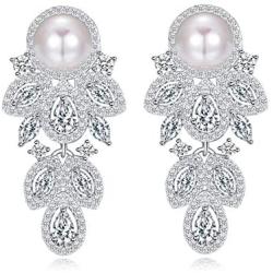 CWWZircons Simulated Pearl Earrings Dangle Leaf Drop Cubic Zirconia Silver Plated Earring for Women Jewelry