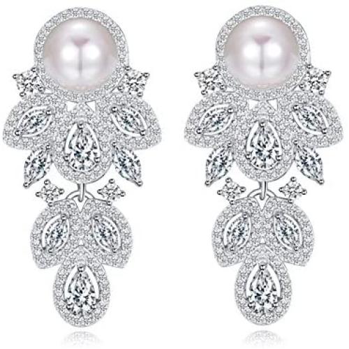 CWWZircons Simulated Pearl Earrings Dangle Leaf Drop Cubic Zirconia Silver Plated Earring for Women Jewelry