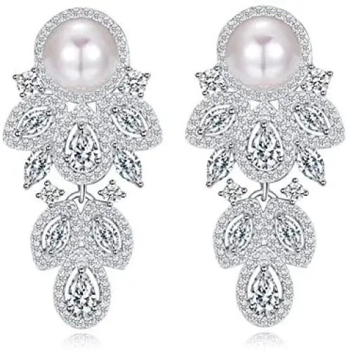 CWWZircons Simulated Pearl Earrings Dangle Leaf Drop Cubic Zirconia Silver Plated Earring for Women Jewelry CWWZircons Simulated Pearl Earrings Dangle Leaf Drop Cubic Zirconia Silver Plated Earring for Women Jewelry