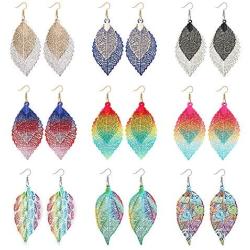 Udalyn 9 Pairs Metal Hollow Leaf Earrings Sets Teardrop Leaf Shape Hook Drop Dangle Earring Lightweight Jewelry for Women
