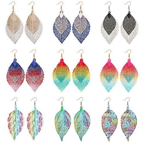 Udalyn 9 Pairs Metal Hollow Leaf Earrings Sets Teardrop Leaf Shape Hook Drop Dangle Earring Lightweight Jewelry for Women