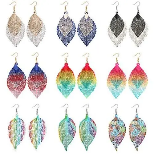 Udalyn 9 Pairs Metal Hollow Leaf Earrings Sets Teardrop Leaf Shape Hook Drop Dangle Earring Lightweight Jewelry for Women