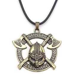 Norse Warrior Helmet Necklace for Men, Viking Runes Double Axe Pendant Necklace with 15.7”+1.9” Chain, Nordic Warriors Tribal Amulet Necklace, Leather Cord, Punk Viking Jewelry Gift
