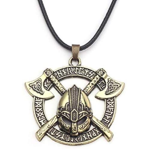 Norse Warrior Helmet Necklace for Men, Viking Runes Double Axe Pendant Necklace with 15.7”+1.9” Chain, Nordic Warriors Tribal Amulet Necklace, Leather Cord, Punk Viking Jewelry Gift