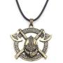 Norse Warrior Helmet Necklace for Men, Viking Runes Double Axe Pendant Necklace with 15.7”+1.9” Chain, Nordic Warriors Tribal Amulet Necklace, Leather Cord, Punk Viking Jewelry Gift
