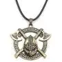 Norse Warrior Helmet Necklace for Men, Viking Runes Double Axe Pendant Necklace with 15.7”+1.9” Chain, Nordic Warriors Tribal Amulet Necklace, Leather Cord, Punk Viking Jewelry Gift