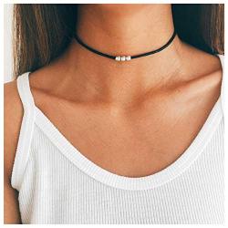 TseanYi Boho Bead Choker Necklace Short Black Necklaces Minimalist Collar Necklace Jewelry for Women and Girls (Silver)