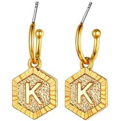 Women Girls Initial Earrings Sterling Silver Post 18K Gold Plated Open Huggie Hoop Earrings with Vintage Hexagon Embossed A-Z 26 Letters Drop Tiny Earrings, Name Style Jewelry,Christmas Gift for Lover