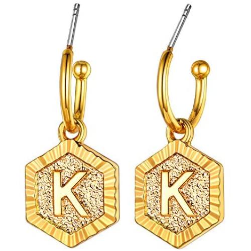 Women Girls Initial Earrings Sterling Silver Post 18K Gold Plated Open Huggie Hoop Earrings with Vintage Hexagon Embossed A-Z 26 Letters Drop Tiny Earrings, Name Style Jewelry,Christmas Gift for Lover