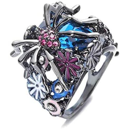 HSQYJ Spider Cocktail Ring Oval Imitation Sapphire Wedding Engagement Ring Mascot Rhinestones Spider Fashion Jewelry Ring Black Gun Plated for Women