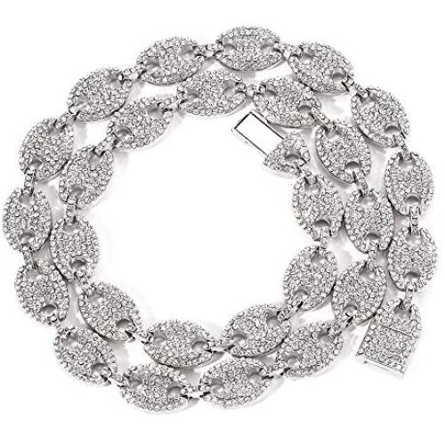Coffee Bean Cuban Link Chain - Women Mens Iced Out Hip Hop Silver or Gold Tone CZ Miami Cuban Mariner Link Chain 18'' 20'' 24''Choker Necklace Hip Hop Jewelry for Women