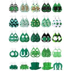 25 Pairs St. Patricks Day Faux Leather Earrings Irish Shamrock Dangle Earrings Green Clover Teardrop Earrings Set for Women Girls