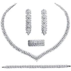 Jorsnovs Cubic Zirconia Leaves-Shaped 4 Pcs Dubai Wedding Bridal Jewelry Sets CZ Party Necklace Bracelet Dangle Earrings and Rings Sets for Bridesmaid