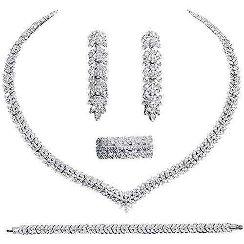 Jorsnovs Cubic Zirconia Leaves-Shaped 4 Pcs Dubai Wedding Bridal Jewelry Sets CZ Party Necklace Bracelet Dangle Earrings and Rings Sets for Bridesmaid