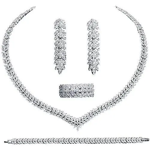 Jorsnovs Cubic Zirconia Leaves-Shaped 4 Pcs Dubai Wedding Bridal Jewelry Sets CZ Party Necklace Bracelet Dangle Earrings and Rings Sets for Bridesmaid