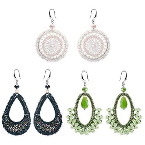 3 Pairs Women’s Girls Statement Dangle Earrings White Forest Green Earrings Woven Thread earrings Bohemia Ethnic Weave Raffia Elegant Rattan Drop Earring Set For Women Teens Girls