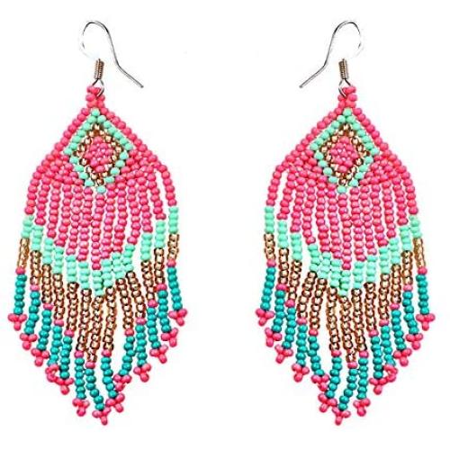 Drop Statement Fringe Earrings Handmade Boho Ethnic Beaded Dangle Hook Stud Earring Geomentic Colorized Seed Beads Chandelier Bohemian Party Exaggerated Personalized Jewelry