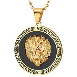 COOLSTEELANDBEYOND Men Steel Lion Head Circle Medal Pendant Necklace with CZ, Black Onyx, Greek Key, Silver Black