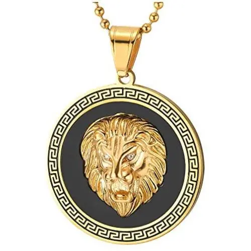 COOLSTEELANDBEYOND Men Steel Lion Head Circle Medal Pendant Necklace with CZ, Black Onyx, Greek Key, Silver Black