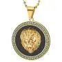 COOLSTEELANDBEYOND Men Steel Lion Head Circle Medal Pendant Necklace with CZ, Black Onyx, Greek Key, Silver Black