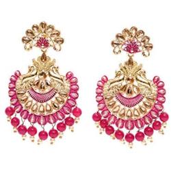 Crunchy Fashion Bollywood Jewellery Traditional Ethnic Bridal Bride Wedding Bridesmaid Rani Pink Meenakari/Hand Painted Chandbaali Indian Earrings Jewelry For Women
