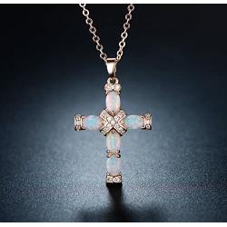 Barzel Rose Gold & White Gold Plated Created Opal Cross Chain with Pendant