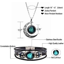 Dcfywl731 2Pcs Gemini Zodiac Sign Necklace Bracelet for Women Men 12 Twelve Constellations Leather Bracelet and Moon Pendant Charm Jewelry Set