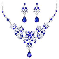 León Jewelry Classic Floral Rhinestone Flowers Teardrop Pendant Necklace Dangle Earrings Set Bride Wedding Bridesmaids Bridal