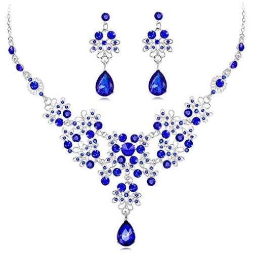 León Jewelry Classic Floral Rhinestone Flowers Teardrop Pendant Necklace Dangle Earrings Set Bride Wedding Bridesmaids Bridal
