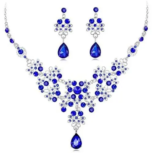 León Jewelry Classic Floral Rhinestone Flowers Teardrop Pendant Necklace Dangle Earrings Set Bride Wedding Bridesmaids Bridal