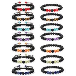 CASSIECA 14 Pcs Lava Rock Chakra Stone Essential Oil Diffuser Bracelets Adjustable Yoga Bead Bracelet Set for Women Men Braided Rope Natural Meditation Colorful Tiger Eye Amethyst Turquoise Amber