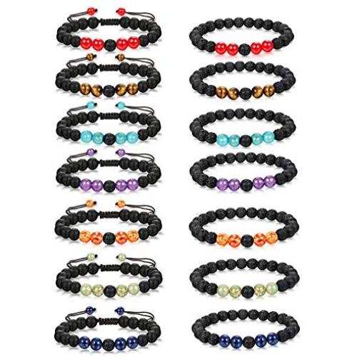 CASSIECA 14 Pcs Lava Rock Chakra Stone Essential Oil Diffuser Bracelets Adjustable Yoga Bead Bracelet Set for Women Men Braided Rope Natural Meditation Colorful Tiger Eye Amethyst Turquoise Amber